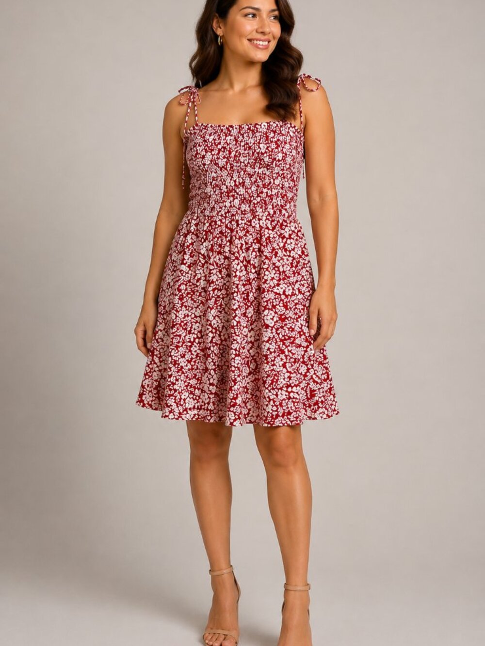 Madewell Size 10 Red Cream Floral Smocked Tie Strap Sundress
